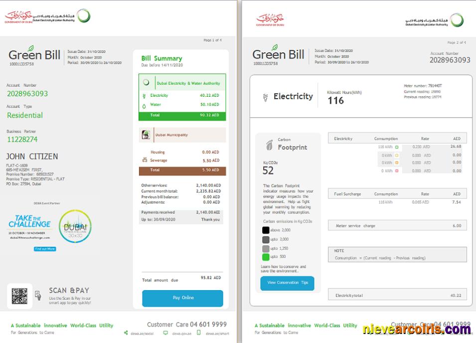 UAE Dubai Electricity & Water Authority utility bill